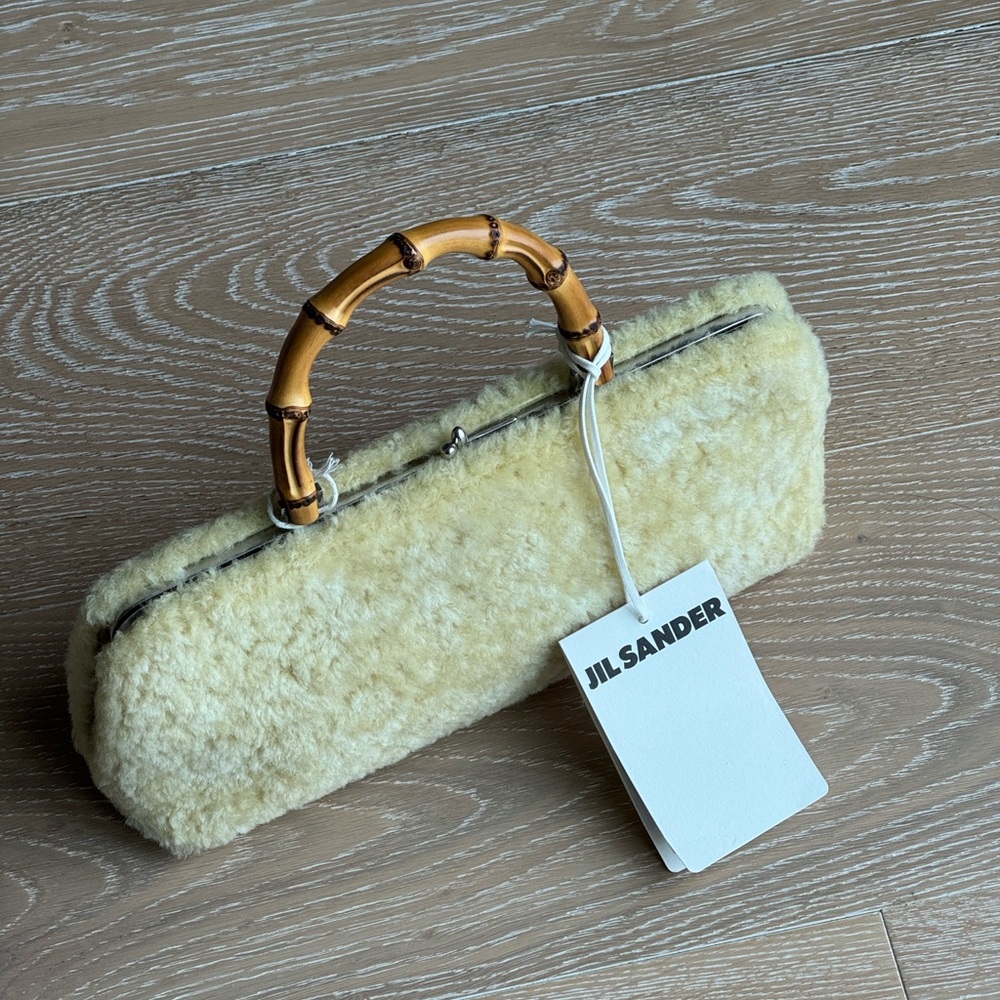 Jil Sander Butter Yellow Goji Shearling Handbag with Bamboo Handle